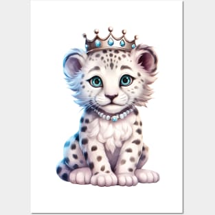 Watercolor Snow Leopard Wearing a Crown Posters and Art